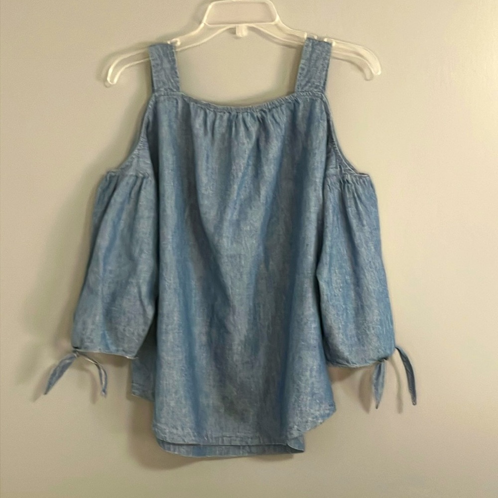 Madewell Cold Shoulder Chambray Top, Tie Sleeve, Medium